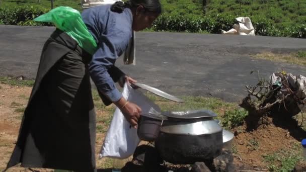 Senhora derrama chá preto de panela de metal em garrafa de plástico — Vídeo de Stock