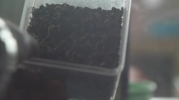 Oznaczone rodzaje herbaty w przezroczystych szklanych butelkach na czarnym stole — Wideo stockowe