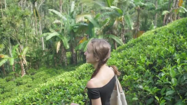 身穿黑色T恤的年轻女子沿着大种植园散步 — 图库视频影像