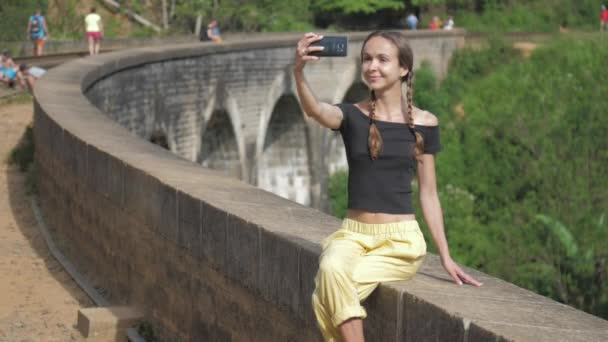 Menina faz selfie sentado na ponte contra a natureza selvagem — Vídeo de Stock