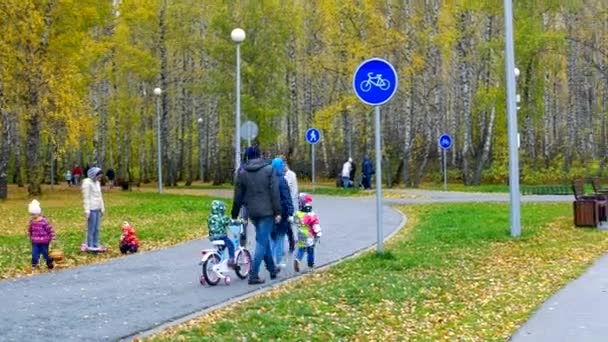Sonbahar parkında çocuklarla birlikte yürüyen aileler. — Stok video