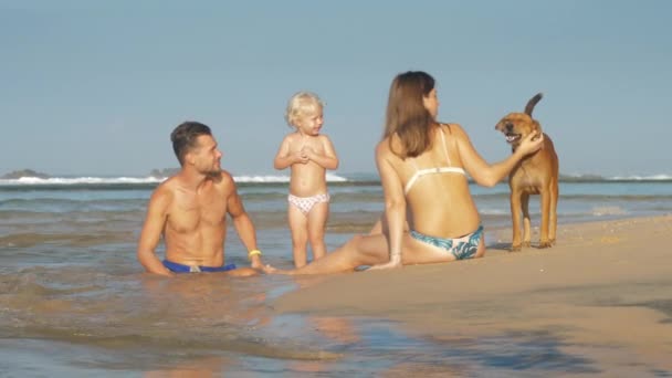 Familia Madre Padre Hija Jugando Con Perro Costa Del Mar — Vídeos de Stock