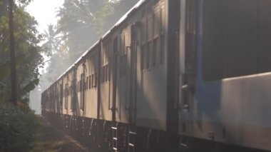 Eski tren, turistleri yavaş çekimde taşıyan tropikal manzaralar arasında demiryolu boyunca ilerliyor. Göçmen taşıma konsepti