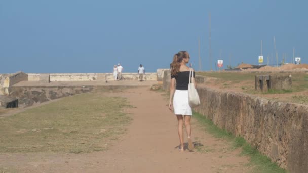 Menina Com Rabo Cavalo Caminha Longo Local Património Mundial Desfrutar — Vídeo de Stock