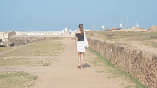 ポニーテールを持つ少女は 世界遺産に沿って歩き スローモーションを楽しんでいます ランドマーク環境での旅行の概念 — ストック動画