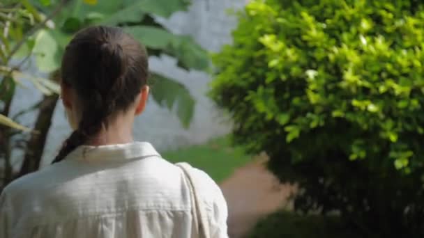 Дівчина гуляє серед тропічних рослин, проводячи відпустку позаду — стокове відео