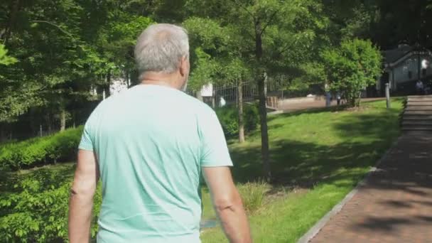 Omul merge pe alee bucurându-se de plante verzi în parcul de primăvară — Videoclip de stoc