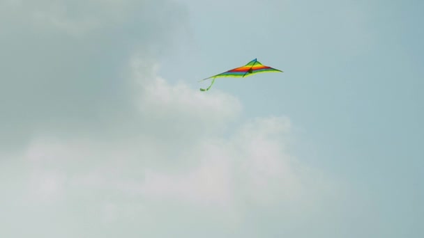 Colorful kite with wide stripes and tail flies in clear sky — Stock Video