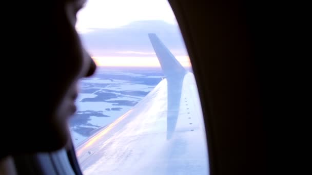 Agradable dama se sienta en el asiento de la ventana y observa ala de avión — Vídeo de stock