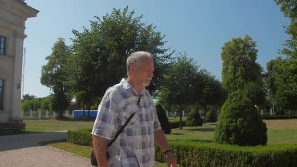 Vecchio dai capelli grigi cammina lungo il parco verde contro il cielo — Video Stock