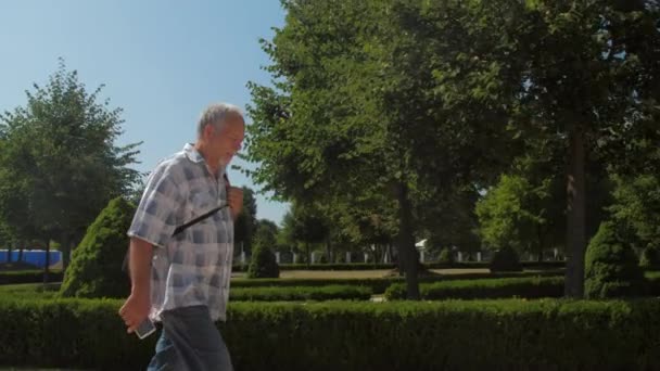 Gris chevelu vieil homme promenades le long de vert parc zone contre ciel — Video