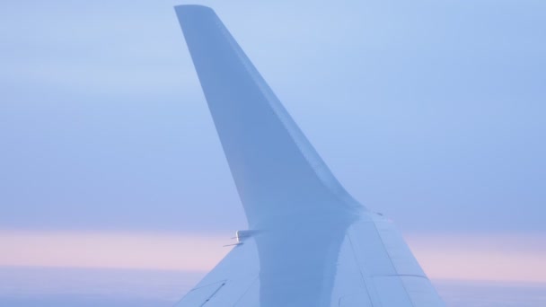 Avión blanco ala contra hermosa vista del cielo de la mañana — Vídeos de Stock