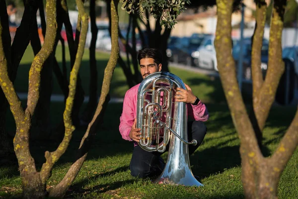 Musician with the tuba on the grass — Stock Photo, Image
