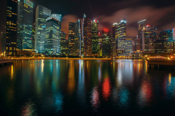 Views of business district Marina Bay at night, Singapore.