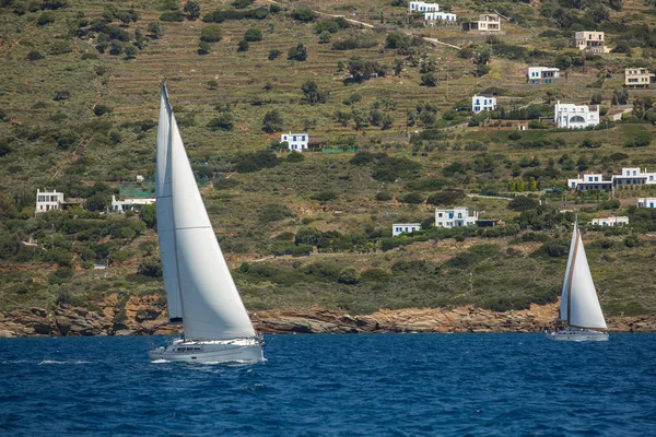 Yachten mit weißen Segeln auf hoher See — Stockfoto