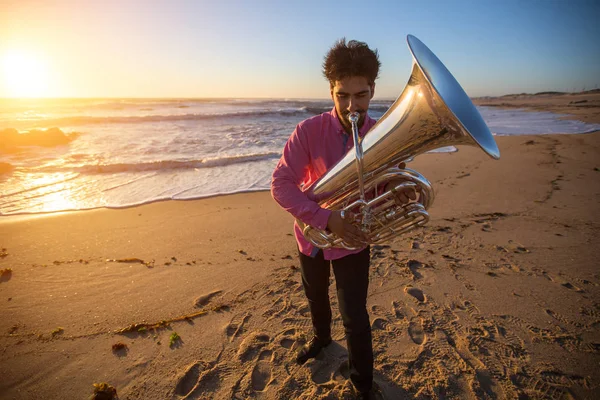 Musician play to musical instrument tuba — Stock Photo, Image