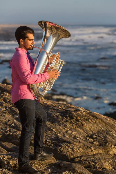 Musician play to musical instrument tuba — Stock Photo, Image