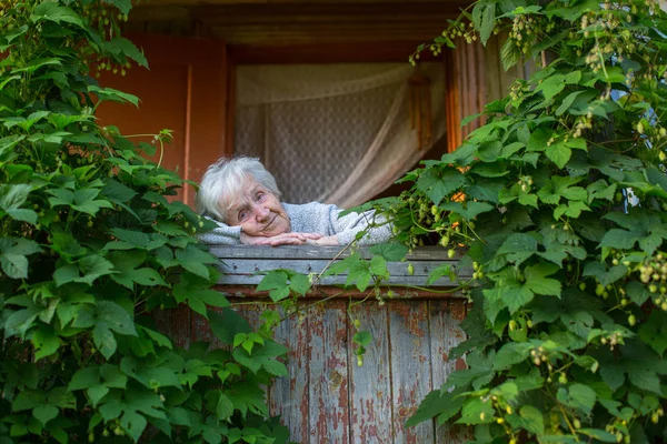 緑豊かなテラスで高齢女性 — ストック写真