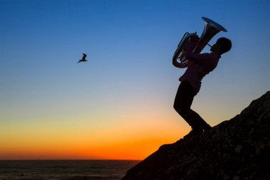 Müzisyen silüeti oynamak Tuba deniz kıyısında günbatımı.