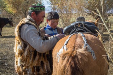Bayan Olgii, Moğolistan-28 Eylül 2017: Kazak Berkutchi (Kartal avcıları) saddles at var. Bayan Olgii ilinde 88,7 için doldurulur Kazaklar oranında.