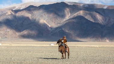 Bayan Ulgiy, Moğolistan-27 Eylül, 2017: Kazak kartal avcı ise içinde çöl Dağ Batı Moğolistan kolunda altın kartal tutan tavşan için avcılık sırtında geleneksel kıyafetleri.