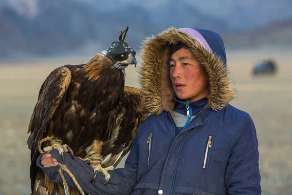 Sagsay, Moğolistan - 28 Eylül 2017: Altın Kartal avcı ise bir Altın Kartallar kollarını içinde çöl Dağ Batı Moğolistan üzerinde tutarak tavşan için avcılık.