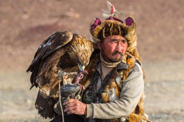 Sagsay, Moğolistan - 28 Eylül 2017: Altın Kartal avcı ise bir Altın Kartallar kollarını içinde çöl Dağ Batı Moğolistan üzerinde tutarak tavşan için avcılık.