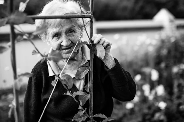 Yaşlı Kadın Bahçede Siyah Beyaz Portre — Stok fotoğraf
