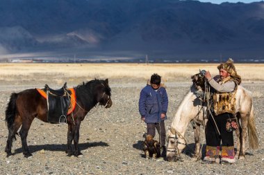 Sagsay, Moğolistan - 28 Eylül 2017: Altın Kartal avcı ise bir Altın Kartallar kollarını içinde çöl Dağ Batı Moğolistan üzerinde tutarak tavşan için avcılık.