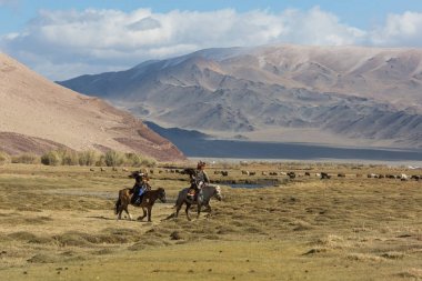 Sagsay, Moğolistan - 28 Eylül 2017: Kartal avcılar geleneksel kıyafetleri, ise bir Altın Kartallar kollarını içinde çöl Dağ Batı Moğolistan üzerinde tutarak tavşan için avcılık.