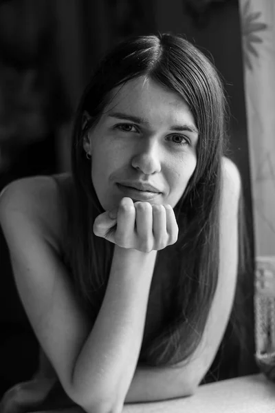 Black White Portrait Young Woman Long Hair Closeup — Stock Photo, Image