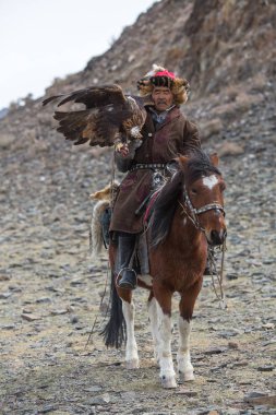 Bayan Ulgii, Moğolistan-Eyl 30, 2017: Kazak kartal avcı geleneksel kıyafetleri, ise içinde çöl Dağ Batı Moğolistan kolunda altın kartal tutan tavşan için avcılık.