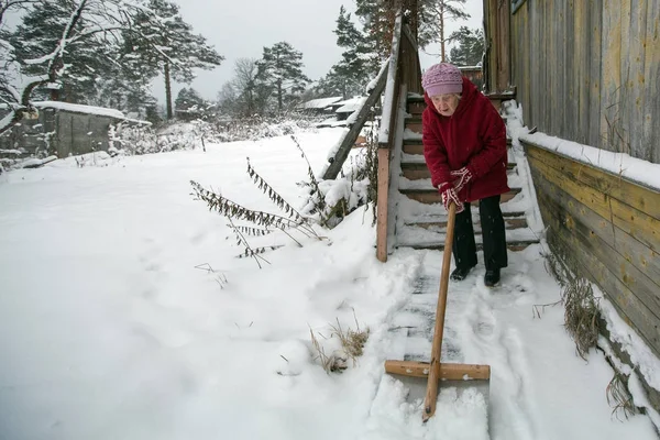 Bejaarde Vrouw Reinigt Schop Sneeuw Buurt Van Zijn Huis Het — Stockfoto
