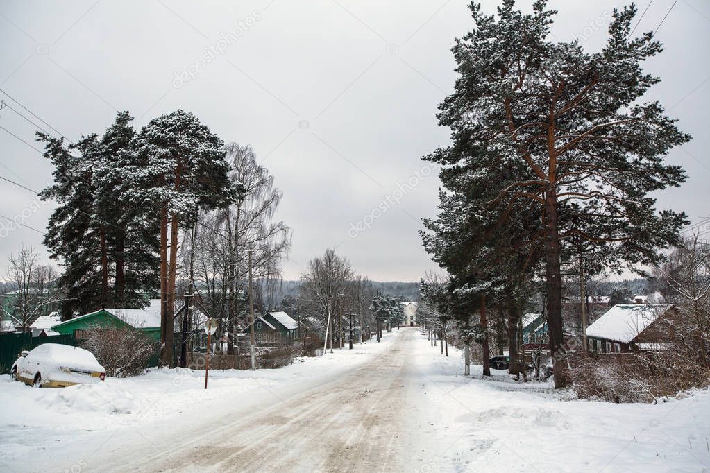 Rural winter landscape in the Republic of Karelia, Russia.