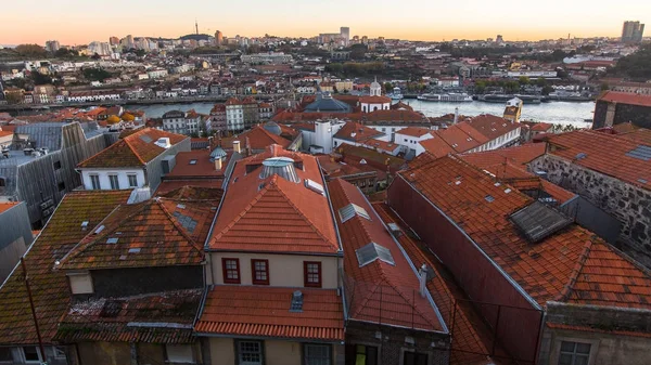 Pohled Ptačí Perspektivy Řeky Douro Centra Města Porto Portugalsko — Stock fotografie