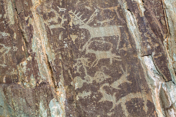 Древние наскальные рисунки - петроглифы в горах Алтая, Россия
.