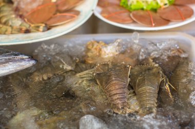 Buz üstünde belgili tanımlık sayaç Tay pazarının deniz ürünleri.