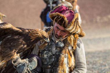 SAGSAY, MONGOLIA - SEP 28, 2017: Golden Eagle Hunter, while hunting to the hare holding a golden eagles on his arms in desert mountain of Western Mongolia. clipart