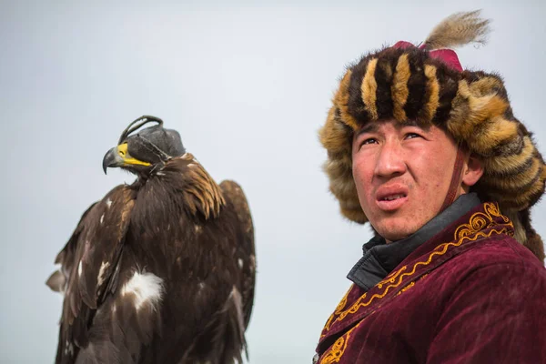 Olgiy 2017年9月30日 老鹰猎人在传统衣裳 与一只金黄老鹰在他的胳膊在每年全国竞争与鸟猎物 Berkutchi 西部蒙古 — 图库照片