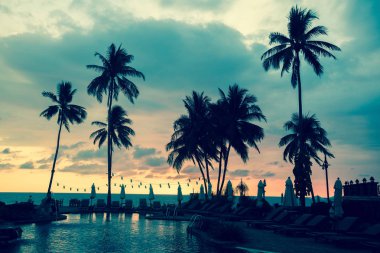 Günbatımı sırasında siluetleri bir tropikal deniz plajda palmiye ağaçları.