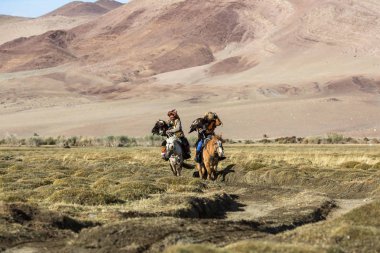 Sagsay, Moğolistan - 28 Eylül 2017: Bayan-Olgii Aymağı dağlarında bir Altın Kartallar ile tavşan kızı avcılık için kazak kartal Hunter (Berkutchi) atı ile öğretir. 