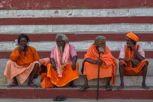 Varanasi India Mar 2018 Group Sadhu Holy Men Ghats Ganga — Stock Photo, Image