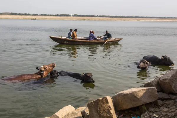 Varanasi Hindistan Mar 2018 Hacılar Kutsal Ganga Nehir Kıyısında Varanasi — Stok fotoğraf