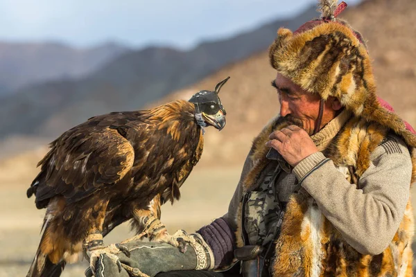Sagsay Mongolia Sep 2017 Cazador Águila Mientras Caza Liebre Con — Foto de Stock