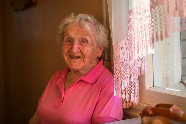 Portrait Elderly Woman Sitting Table — Stock Photo, Image