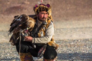 Sagsay, Moğolistan - 28 Eylül 2017: Berkutchi kartal avcı ile hare avlar, Batı Moğolistan çöl dağlar sırasında altın kartal.