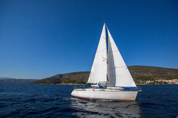 Sailing yacht in the Aegean Sea. Luxury yachts.
