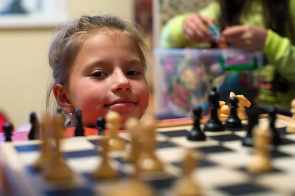 Cute Little Girl Portrait Chess — Stock Photo, Image