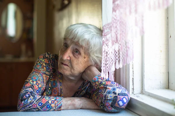 Portrait Old Woman Sitting Table His House — Stock Photo, Image
