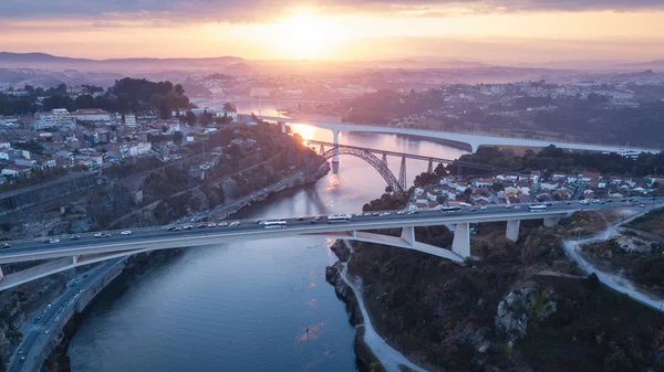 Uitzicht Vanuit Lucht Rivier Douro Bruggen Porto Portugal — Stockfoto